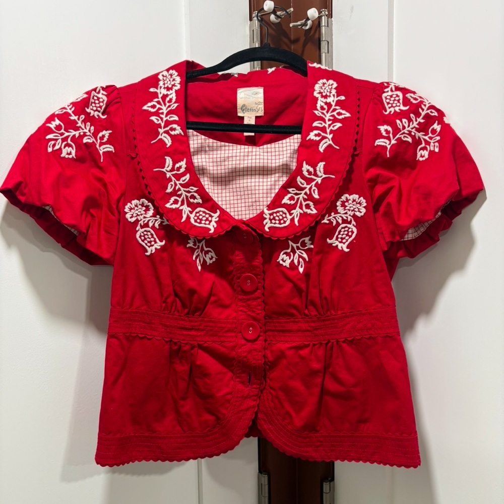 Chic Red Blouse with White Floral Details